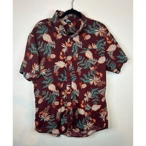 Eddie Bauer Mens Large Short Sleeve Button Down Shirt Burgundy Tropical Leaf